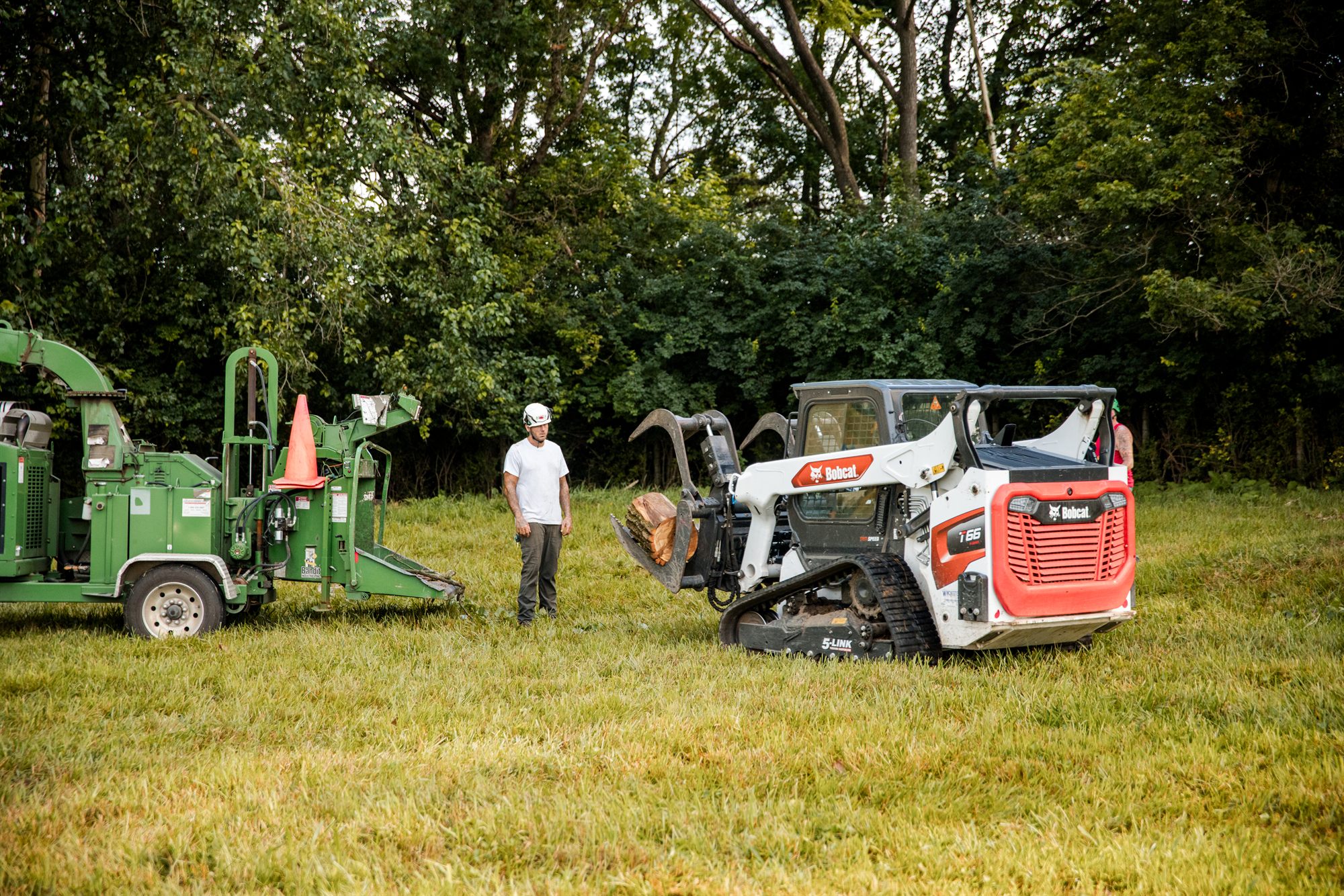 Skid steer with a grapple attachment lifting cut logs near Berryville, VA